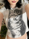 Harajuku Animal Print Crop Top Basic White Short Sleeve Crewneck T-shirt Women Casual Slim-fitting Tees Lady y2k Vintage Quick Pick Grocers