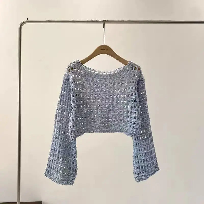 Long Sleeve Crochet Knit Top Summer Beach Bikini Cover Up Crop Pullover Wool Knitwear Blouse Women Vacation Boho Outfit Quick Pick Grocers