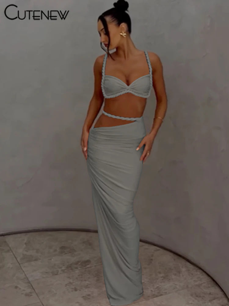 Cutenew Woven Matching Women 2 Piece Sexy Vacation Outfits Pleated Crop Camis+Shirring High Waist Maxi Skirts Solid Mujer Sets Quick Pick Grocers