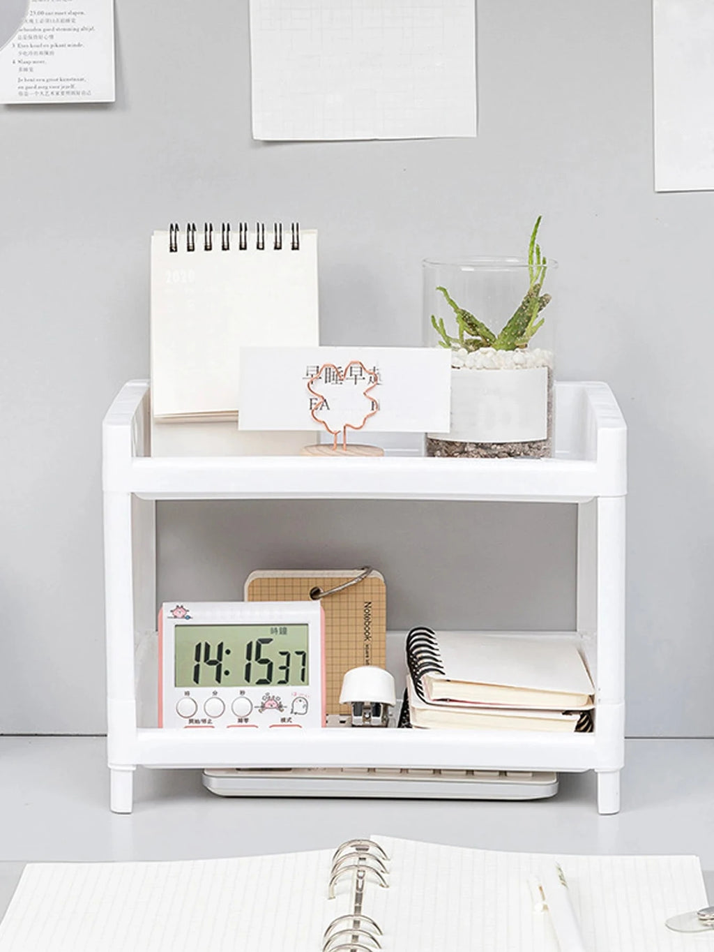 1PC PP Desktop Double Layer Storage Rack Rectangular White Organizing Student Desk Office Cosmetics Stationery Econic Blanks