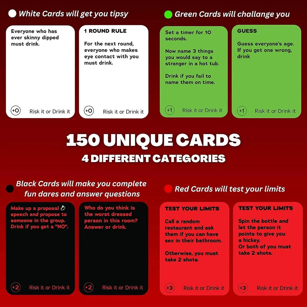 Risk It Or Drink It Fun Party Game For College Card Game Drinking Game Pregame Night Hilarious Dares Challenges  Questions Adult Econic Blanks