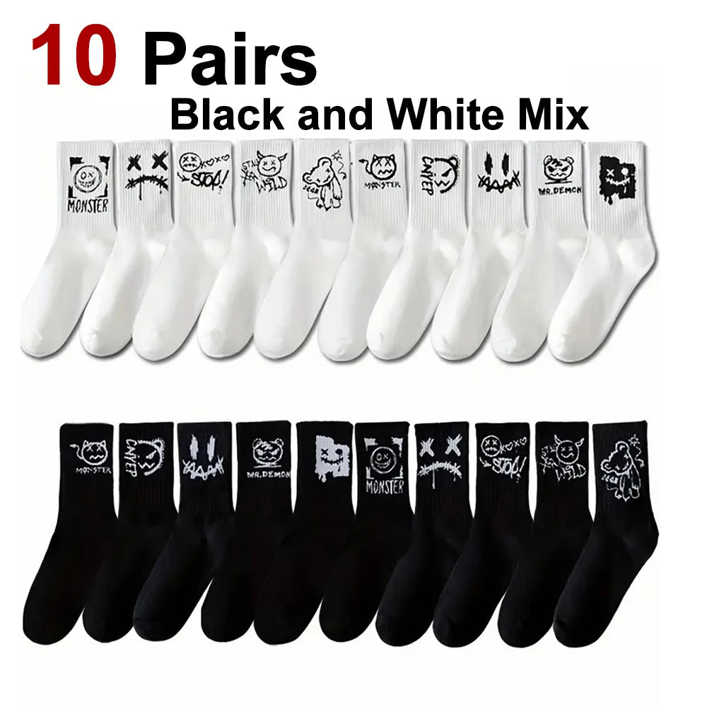 5/10 Pairs Men Women Graffiti Printed socks Street Style Soft Comfortable Sweat Absorbing Breathable Couple Sports Leisure Socks Quick Pick Grocers