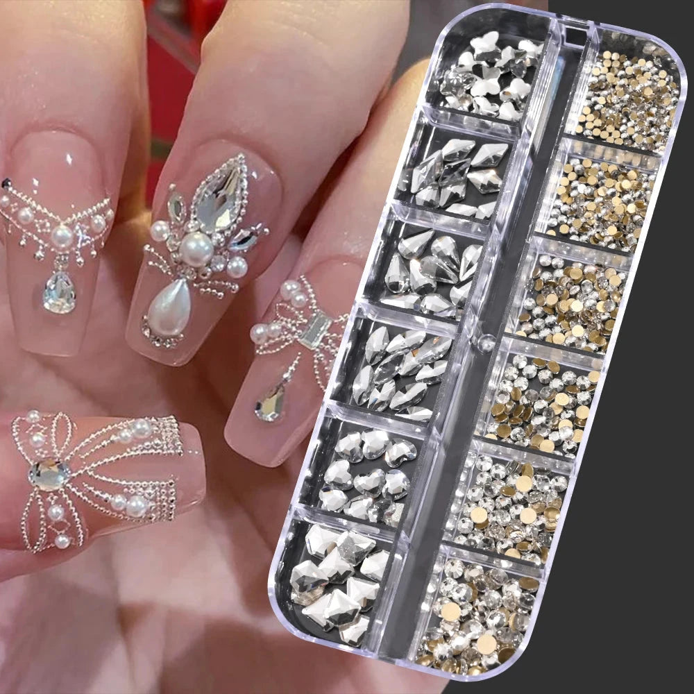 12Grids SS6-SS30 Mixed Nail Rhinestones Shiny Clear/Gold/Pink/Blue Diamond Flat-back Nail Gems Glass Stones Nails Decoration Econic Blanks