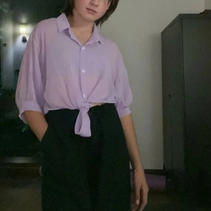 Casual Loose Hollow White Clothes Elegant Solid Color Tied Waist Blouse Women Summer Bat Half Sleeve Button Chiffon Shirt Quick Pick Grocers
