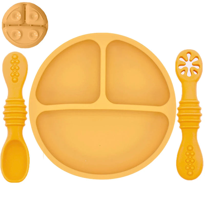 Silicone Baby Sucker Silicone Dining Plate Rice Spoon Set Cute Cartoon Children Dishes Smile Face Baby Tableware Retro Kid Bowl Purest Peak