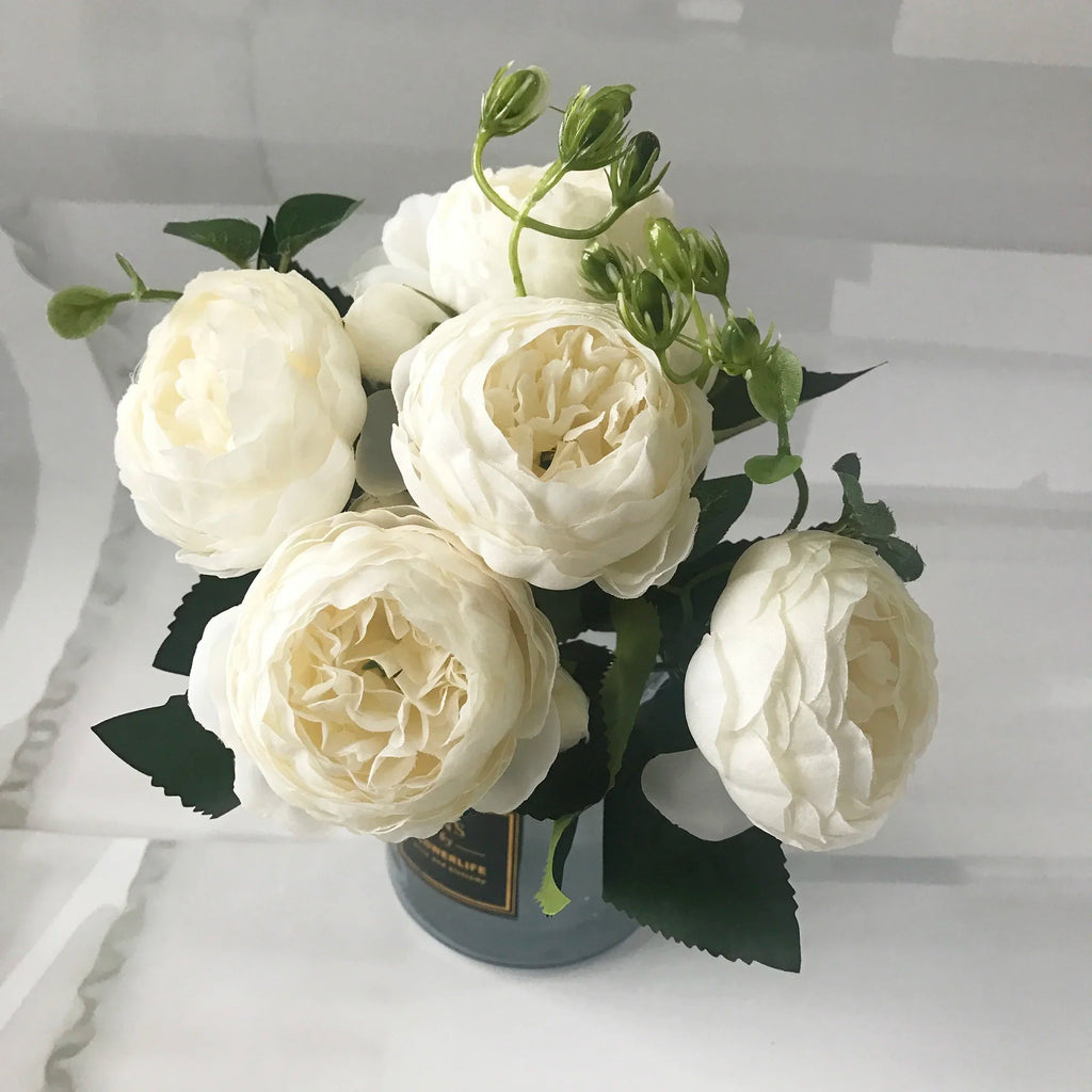 30cm Rose Pink Silk Peony Artificial Flowers Bouquet 5 Big Head and 4 Bud Cheap Fake Flowers for Home Wedding Decoration indoor Quick Pick Grocers