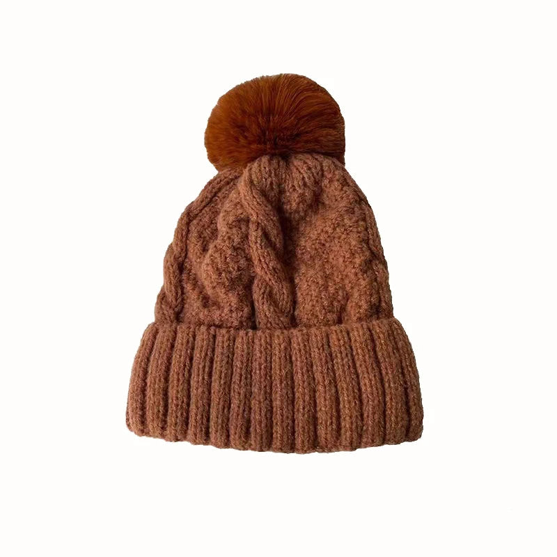 New Winter Twist Knitting Hat For Women Fur Pompom Thick Plush Cap Beanie Solid Color Ladies Warm Ski Snow Skullies Beanies Purest Peak