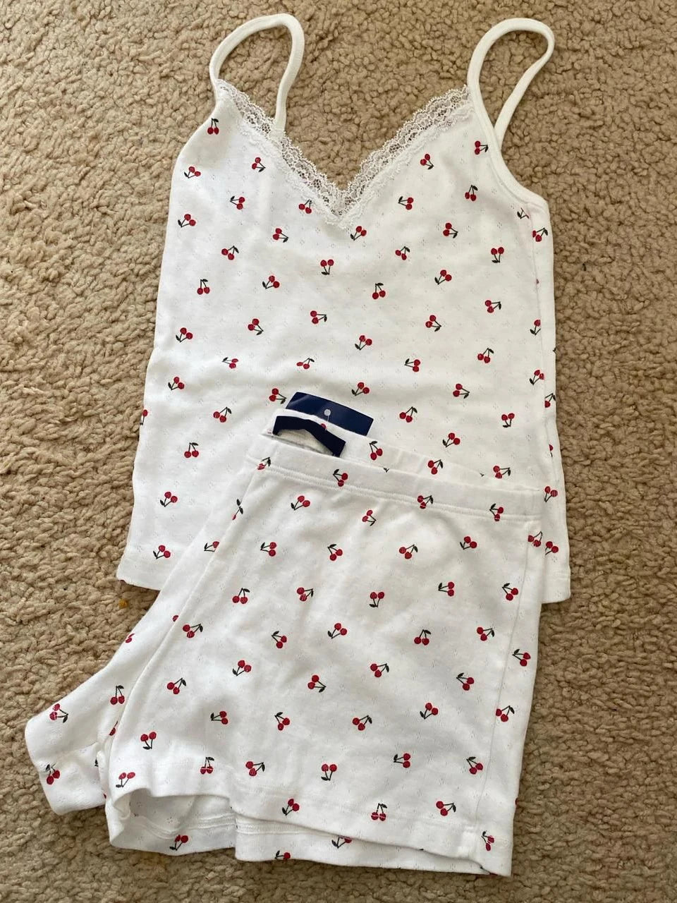 Strawberry Vest Shorts 2 Pieces Set Woman Eyelet Bow Slim Tank Top with Elastic Waist Patchwork Straight Short Pant Sweet Sets Quick Pick Grocers