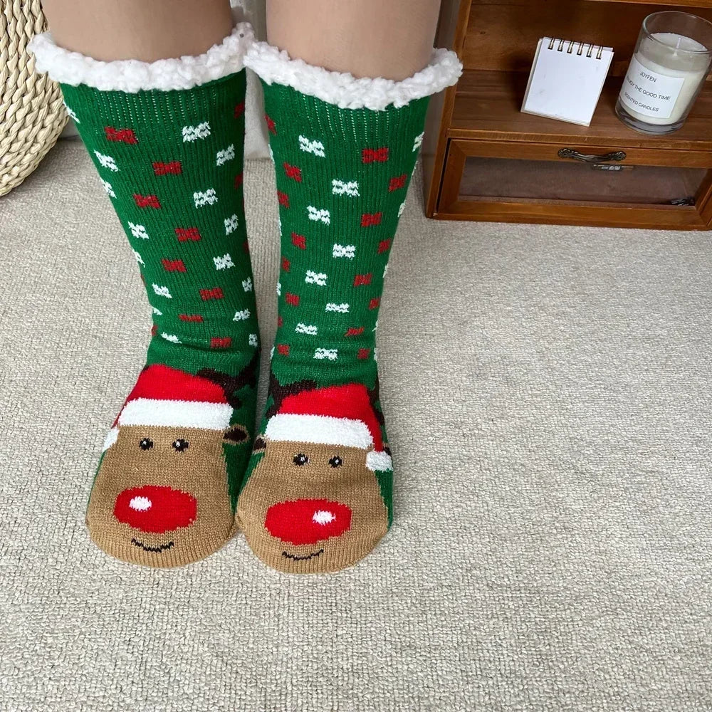 Christmas Gift Slipper Socks Women Thermal Winter Warm Plush Non slip Grip Sleeping Floor Short Sock Fuzzy Fluffy Female Cartoon Quick Pick Grocers