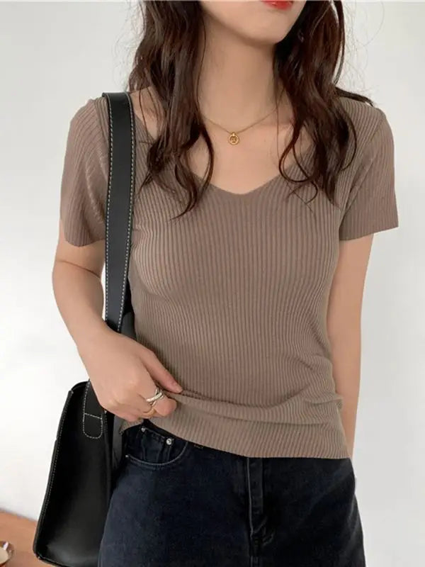 AOSSVIAO 2026 Basic V-neck Solid Thin Summer Pullover Women Female Knitted Ribbed Sweater Slim Short Sleeve Bodycon Sweater Quick Pick Grocers