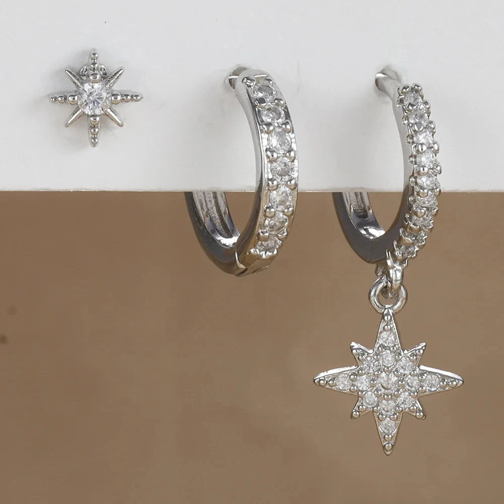 3 Piece Fashion Stainless Steel Round Star Drop Earrings Set for Women 18K Gold Plated Dangle Earring Punk Unisex Rock  Jewelry Econic Blanks