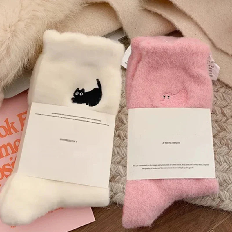 3Pairs Premium Feel Cute Cat Cozy Hairy Mink Velvet Socks Autumn Winter Hosiery Thickened Plush Warm Sleep Home Fluffy Socks Purest Peak