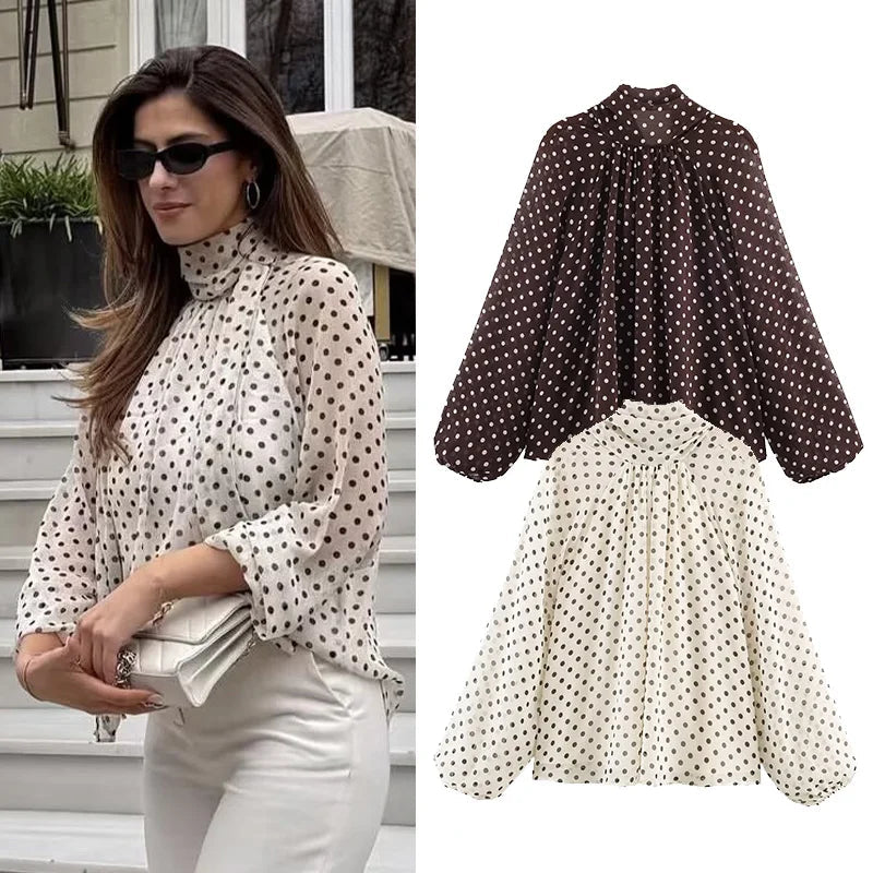 Women Polka Dot Print Blouse Casual High Collar Long Sleeve Lady Top Simple Women's Blouse Female Shirts & Blouses Quick Pick Grocers