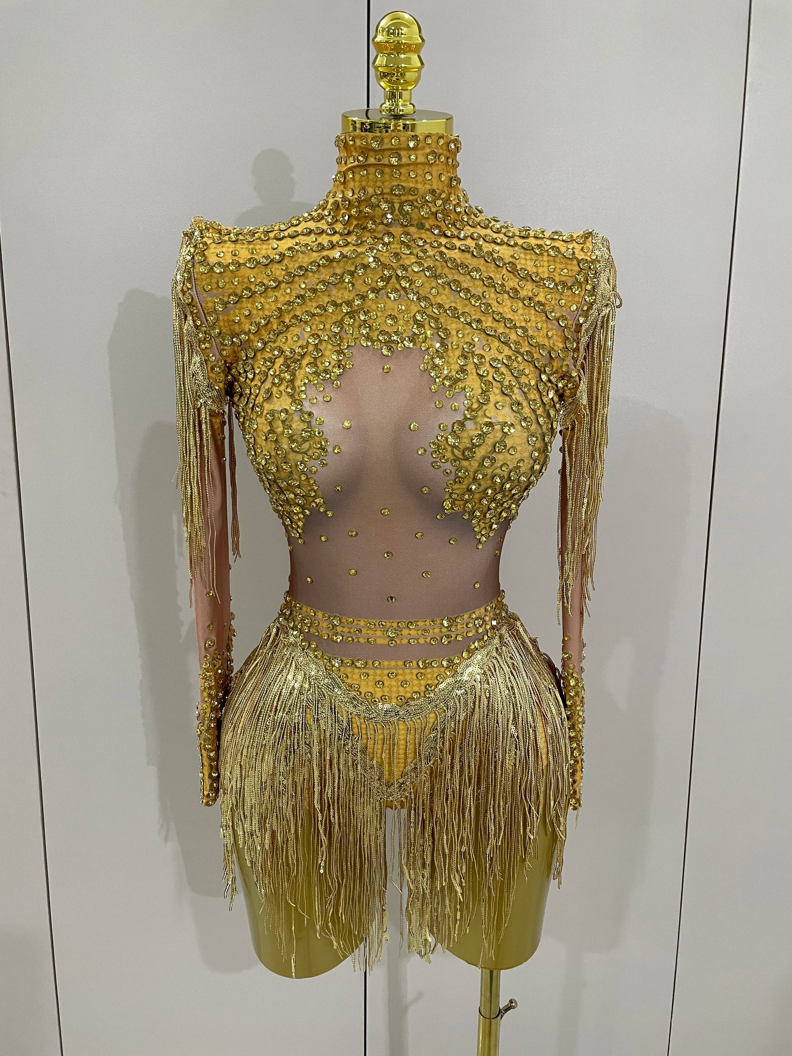 Women Sparkly Rhinestone Sequin Tassel Stretch Bodysuits 2025 New Arrival Birthday Party Nightclub Dj Stage Performance Costume Quick Pick Grocers