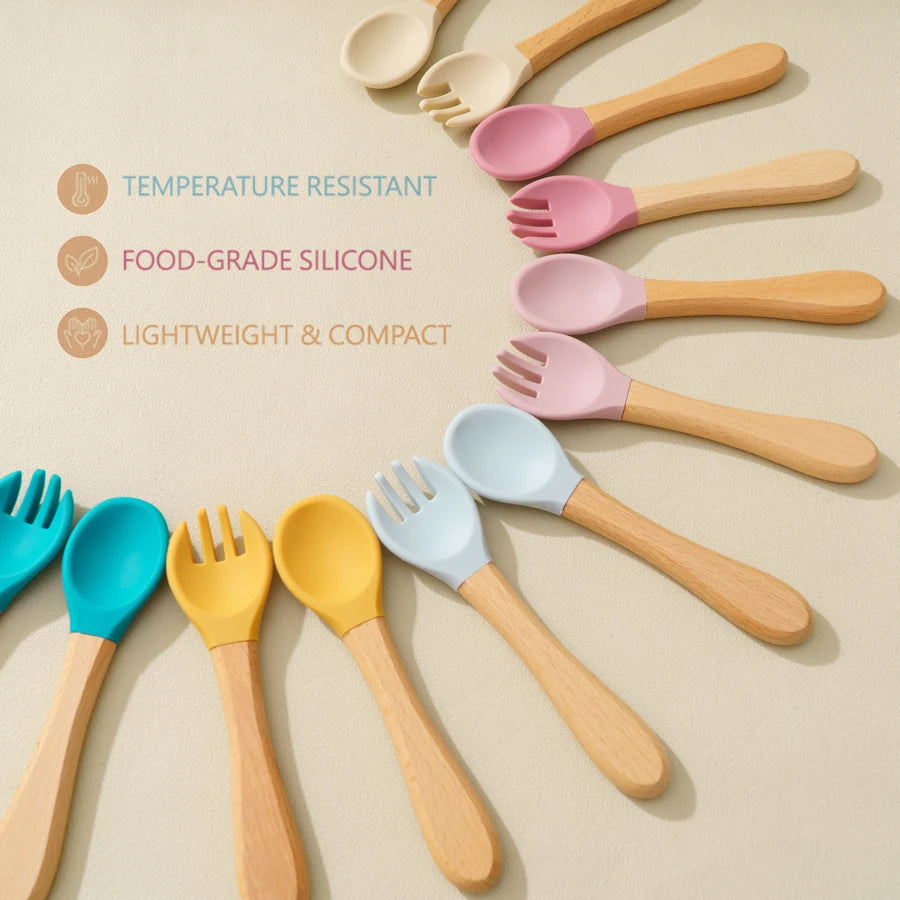 Mamaplan 3PCS Baby Silicone Feeding Set Toddler Suction Bowl Feeding Training Spoon Fork Baby Dishes Plate Baby Accessories Purest Peak