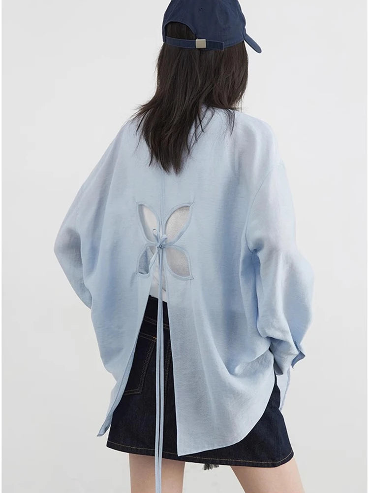 CHIC VEN Women Long Sleeve Shirts Solid Loose Casual New Style Design Back Hollow Out Shirt Female Blouse Spring Summer 2026 Quick Pick Grocers