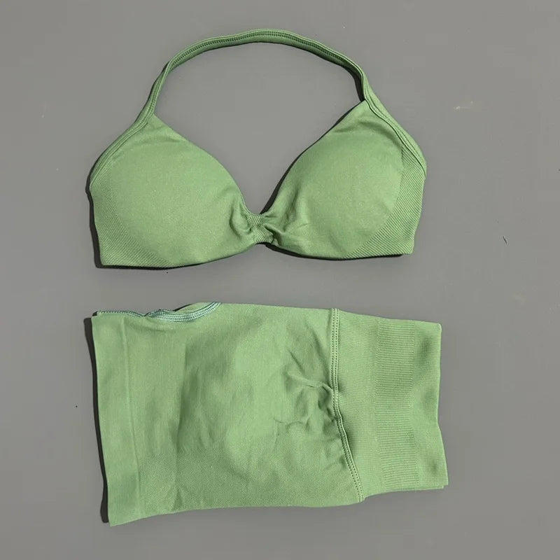 HISTELLO Gym Set 2 Piece Women Strappy Yoga Bra Top Workout Scrunch Shorts Sports Suit Fitness Clothes Seamless Yoga Set Quick Pick Grocers