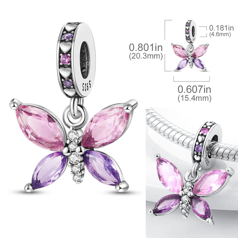 2025 Hot Sale Charms Bead 925 Sterling Silver Pink Butterfly Luminous Firefly Dangle Fit Bangle Bracelet Necklace DIY Jewelry Econic Blanks