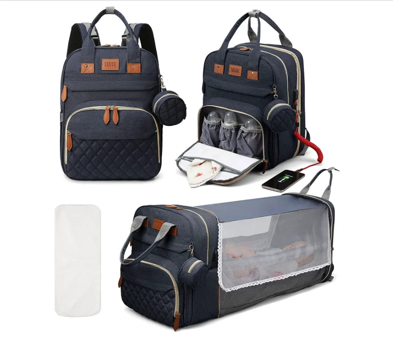 3 In 1 Diaper Bag Backpack Foldable Baby Bed Waterproof Travel Bag with USB Charge Diaper Bag Backpack with Changing Bed 3 types Purest Peak