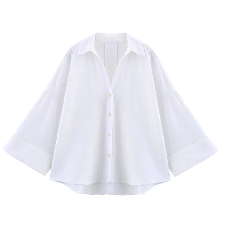 HipSeam Wide Sleeved Shirt Women Spring Asymmetric Hem Button Women's Shirts Simple Lady Johnny Collar Shirts & Blouses Quick Pick Grocers