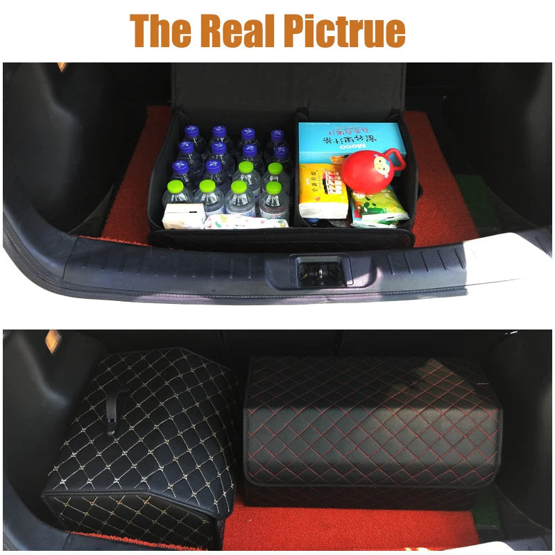 Car Trunk Organizer Box, Large Capacity, Auto Multiuse Tools, Storage Bag, Stowing, Tidying, Leather, Folding for Emergency Quick Pick Grocers