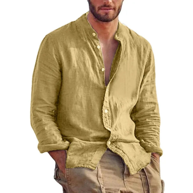 Sweatwear Men's Long Sleeve Shirt Linen Solid Color Shirts Trend Stand Collar Casual Lightweight Breathable Tops Hawaiian Shirt Quick Pick Grocers