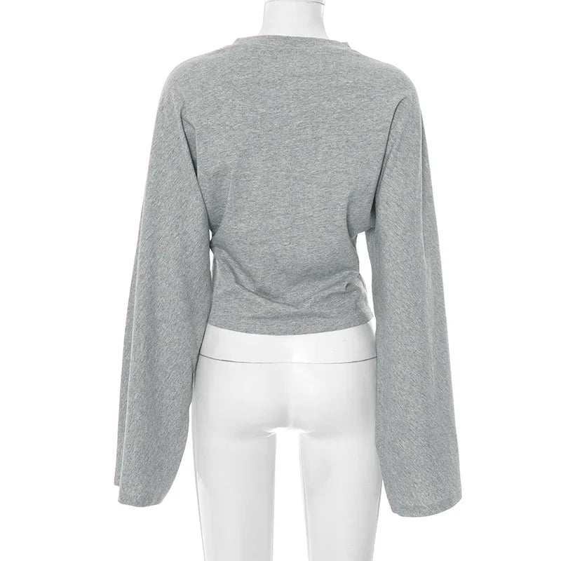 Women's Long Sleeve O-Neck Skinny T-Shirt Monochromatic Crop Top Casual Y2K Streetwear Fashion Pullover Summer Outfit Quick Pick Grocers