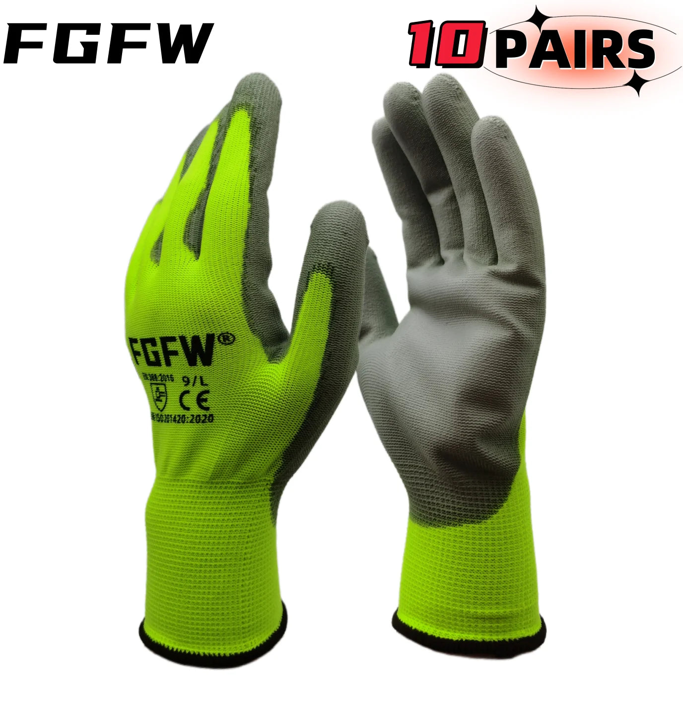 10 Pairs PU Coated Work Gloves - Lightweight, Durable Safety Gloves EN 388/ISO20471 Certified, Sizes S/M/L/XL Quick Pick Grocers