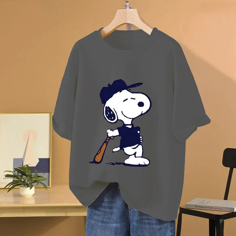 Snoopy Baseball Cartoon Anime Women T-shirt Summer Short Sleeve 100% Cotton Men Tee Shirts Tops 2025 New Fashion Couple Clothes Quick Pick Grocers