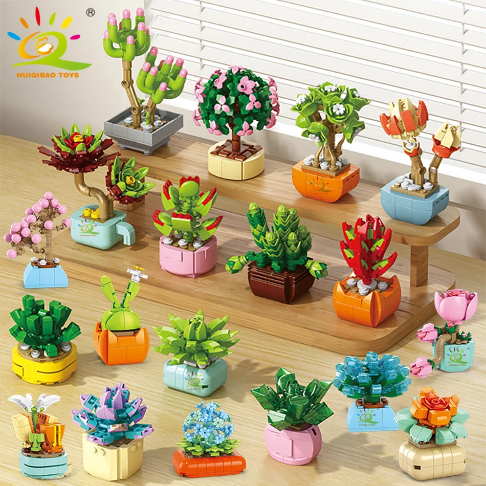 HUIQIBAO MOC Flower Succulent Potted Model Building Block DIY Eternal Bouquet Home Desk Plant Decor Brick Girl Gift Children Toy Quick Pick Grocers