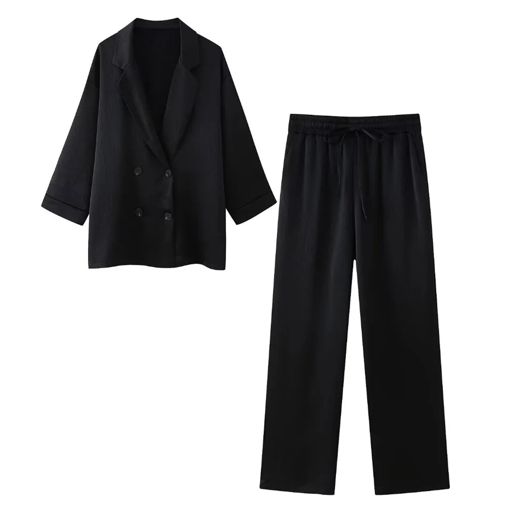 European and American Style 2024 Spring and Summer New Women's Clothing Wrinkle Effect Double Breasted Suit Jacket Pants Set Quick Pick Grocers