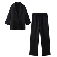 European and American Style 2024 Spring and Summer New Women's Clothing Wrinkle Effect Double Breasted Suit Jacket Pants Set Quick Pick Grocers