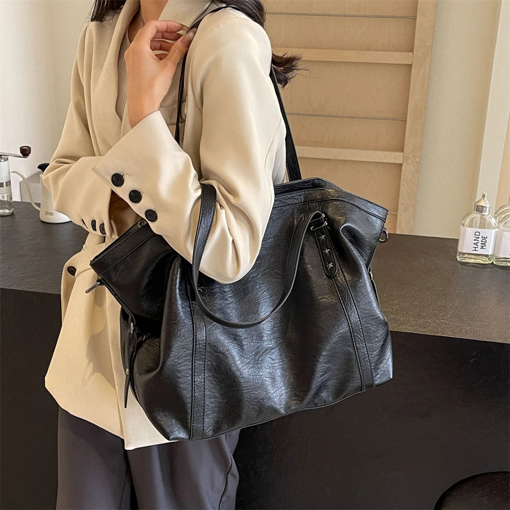 MOODS Large Sized Tote Bags For Women Soft PU Leather Pure Color Large Capacity Shopper Shoulder Crossbody Bag Quality Handbags Quick Pick Grocers