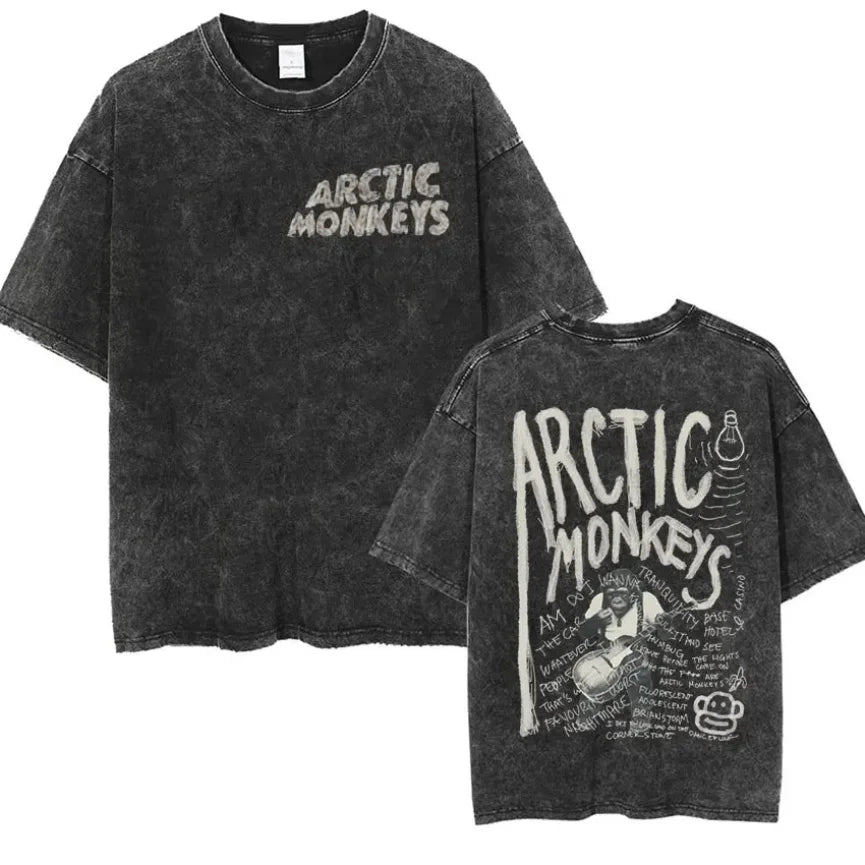 Retro Rock Arctic Monkeys Music Album Graphic T-Shrit Men's Vintage Washed Oversized Short Sleeve T Shirt Y2k Hip Hop Streetwear Quick Pick Grocers