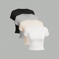 4 pieces Solid color basic short sleeved tight fitting T-shirt for women's casual summer minimalist women's style top O-neck Quick Pick Grocers