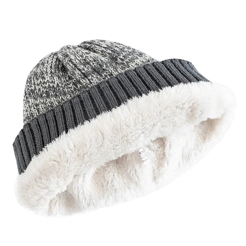 New Unisex Two-Tone Winter Hats Add Fur Lined Men And Women Fashion Warm Beanie Cap Casual Winter Knitted Hats Purest Peak