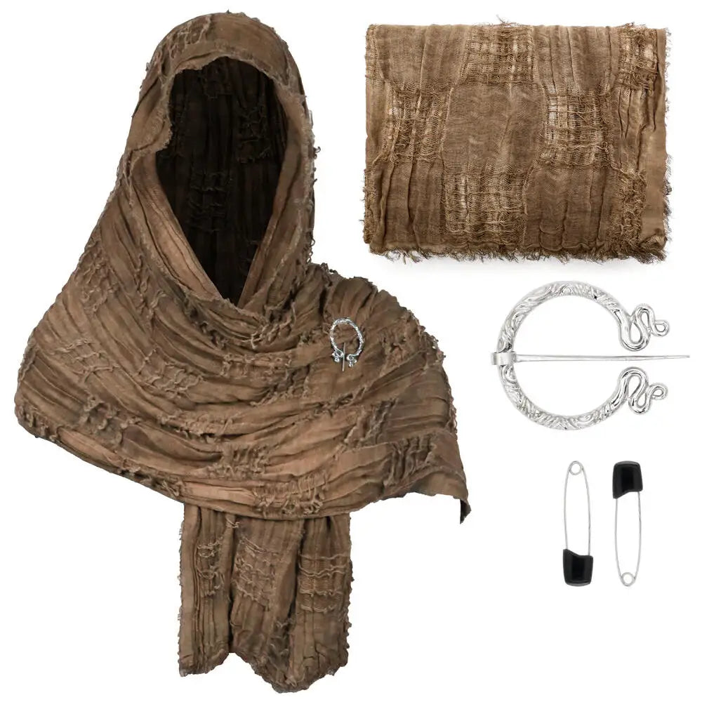 Medieval Vintage Hooded Shawl Scarf Cloak For Men Women Renaissance Halloween Tattered Layered Textured Frayed Cosplay Costume Quick Pick Grocers