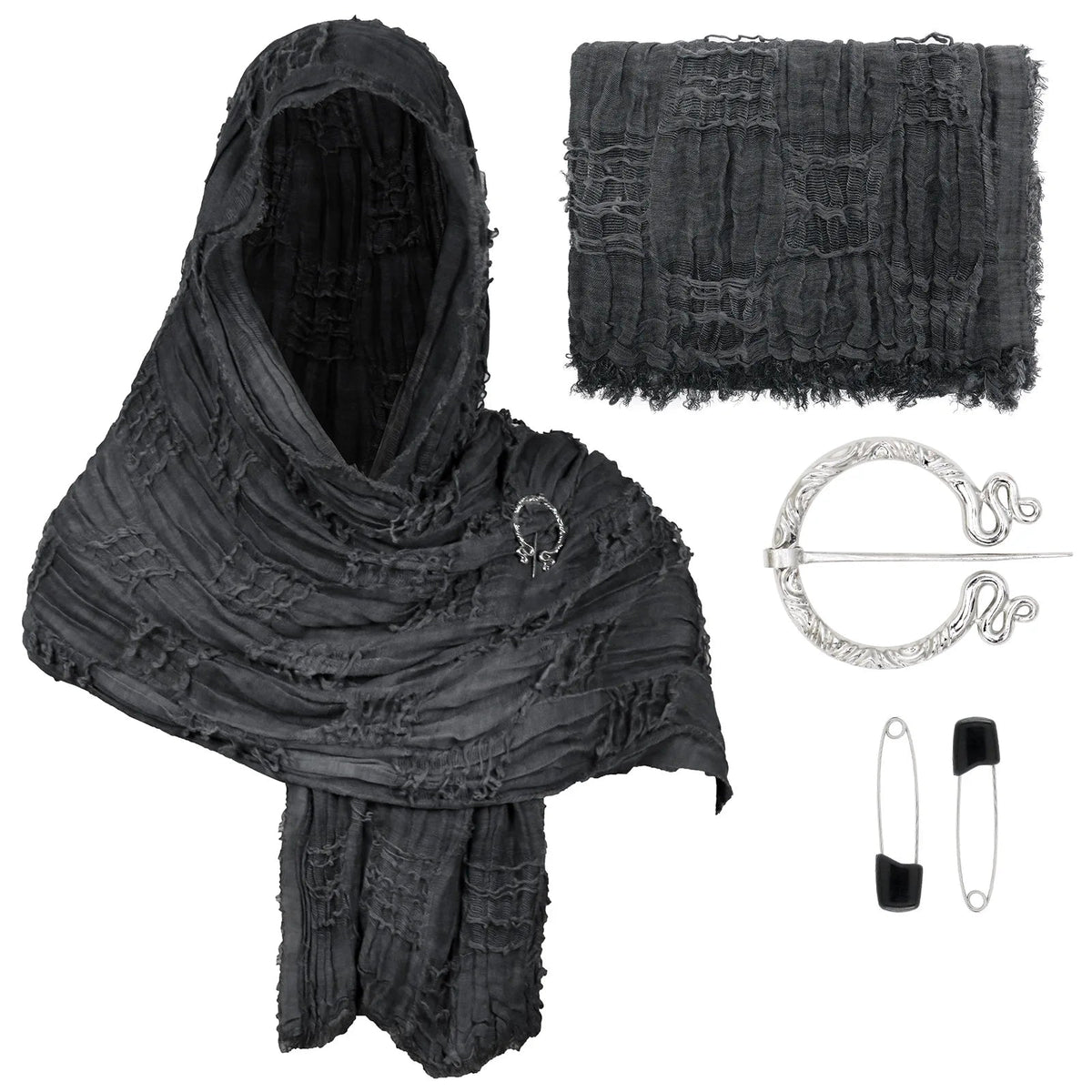Medieval Vintage Hooded Shawl Scarf Cloak For Men Women Renaissance Halloween Tattered Layered Textured Frayed Cosplay Costume Quick Pick Grocers
