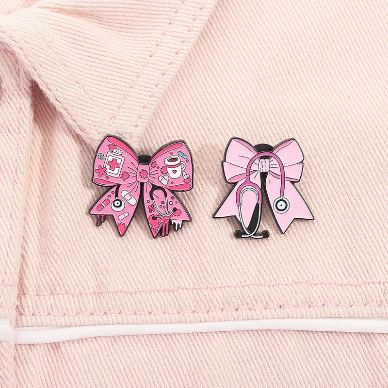 Pink Bowknot Medical Tools Stethoscope Enamel Pins Surgical Gloves Capsule Band Aid Brooches Clothes Lapel Badges Jewelry Gift Quick Pick Grocers
