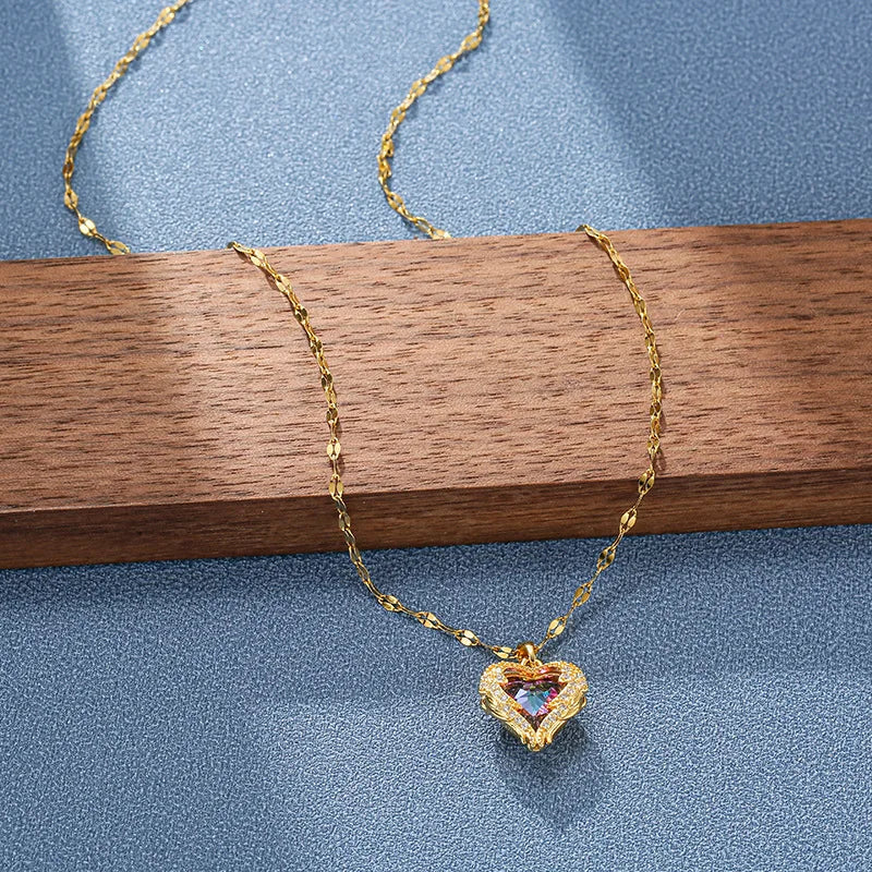 Top Luxury Colorful Crystal Ocean Heart Pendant Necklace For Women Trendy 316L Stainless Steel Jewelry Female Wedding Neck Chain Quick Pick Grocers