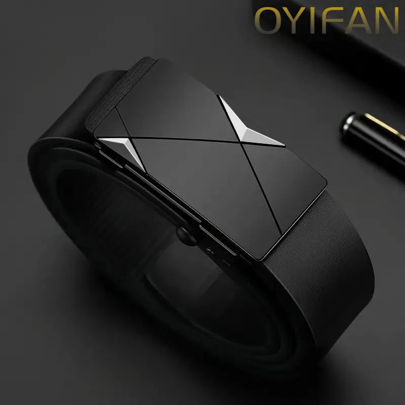 OYIFAN Fashion Men's Belt Men's Genuine Leather Belt Automatic Buckle Ratchet Belt Random Adjustment Quick Pick Grocers