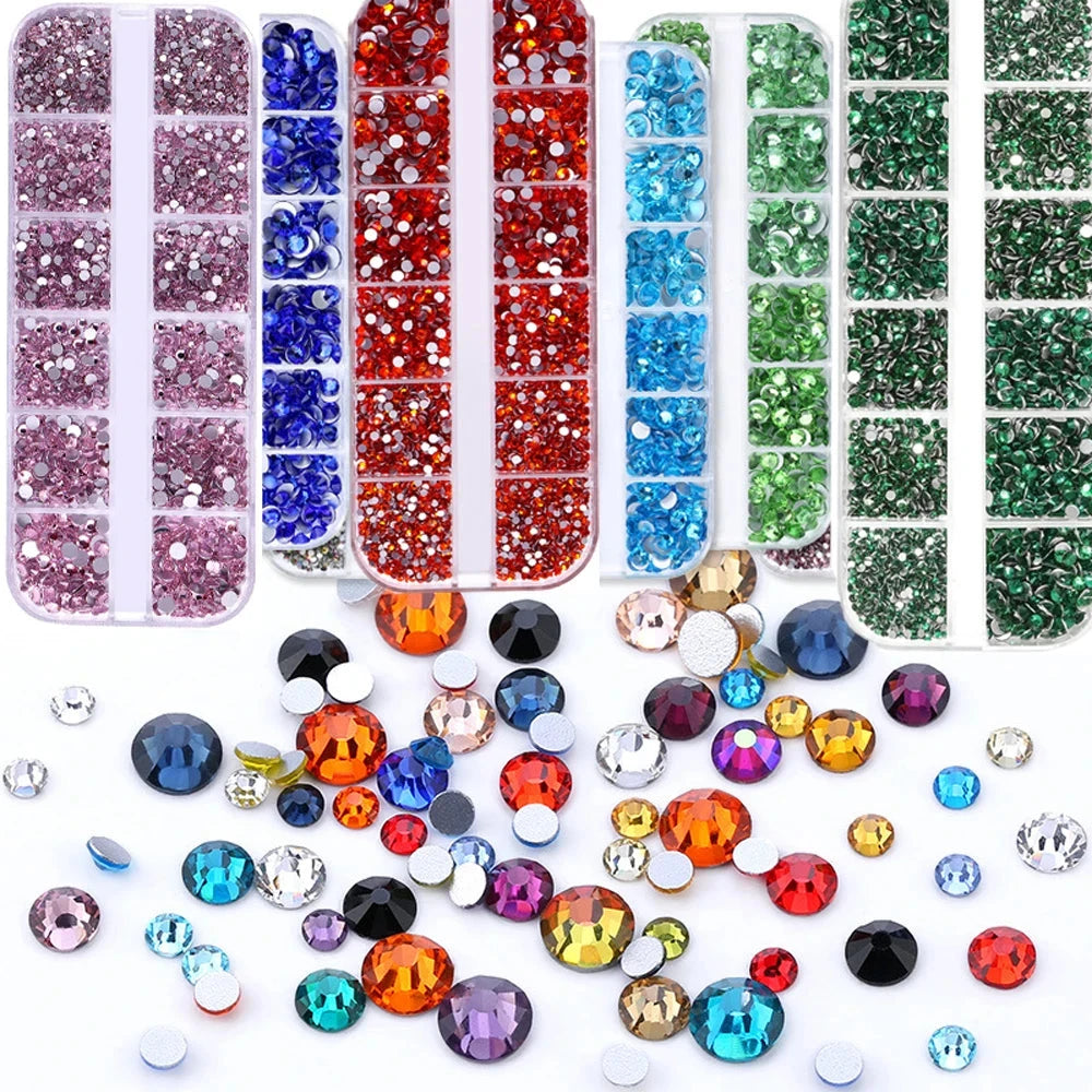 2400pcs+ Shiny Clear Crystal Gems Nail Rhinestones 1.5-4mm Mixed Round Glass Stone Flatback Nail Charms 12grids Nail Diamond DIY Econic Blanks
