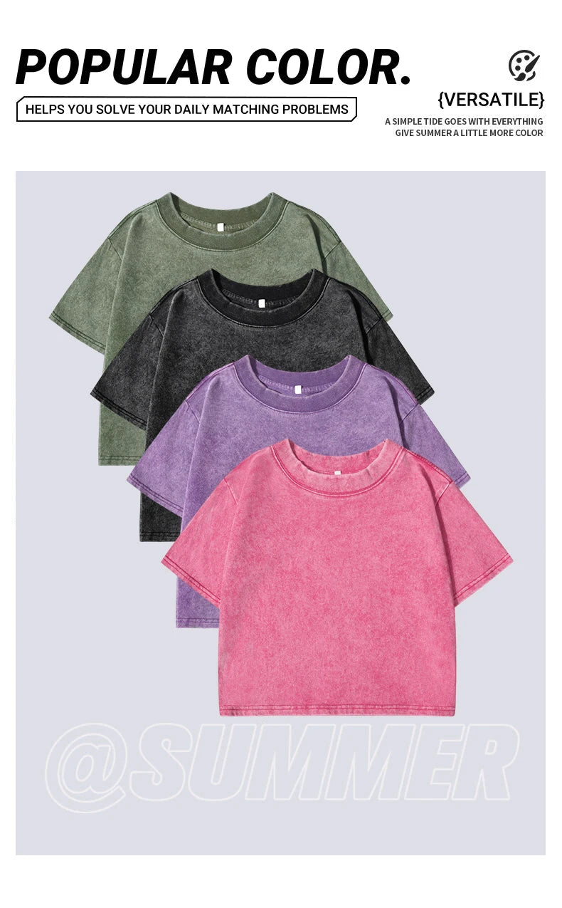 100% Cotton Washed T-Shirts For Women Loose O-Neck Crop Tops Y2k Street Female Clothes Summer Casual Vintage Short Sleeve Tees Quick Pick Grocers