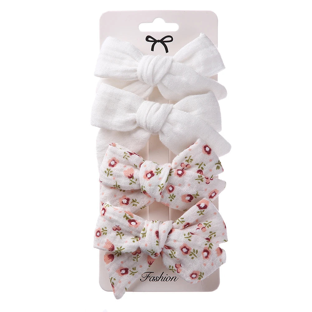 4Pcs/Set Baby Bows Hair Clips Muslin Girls Hairpins Hairclip For Kids Cotton Linen Barrette Flower Print Side Pin  Accessories Purest Peak