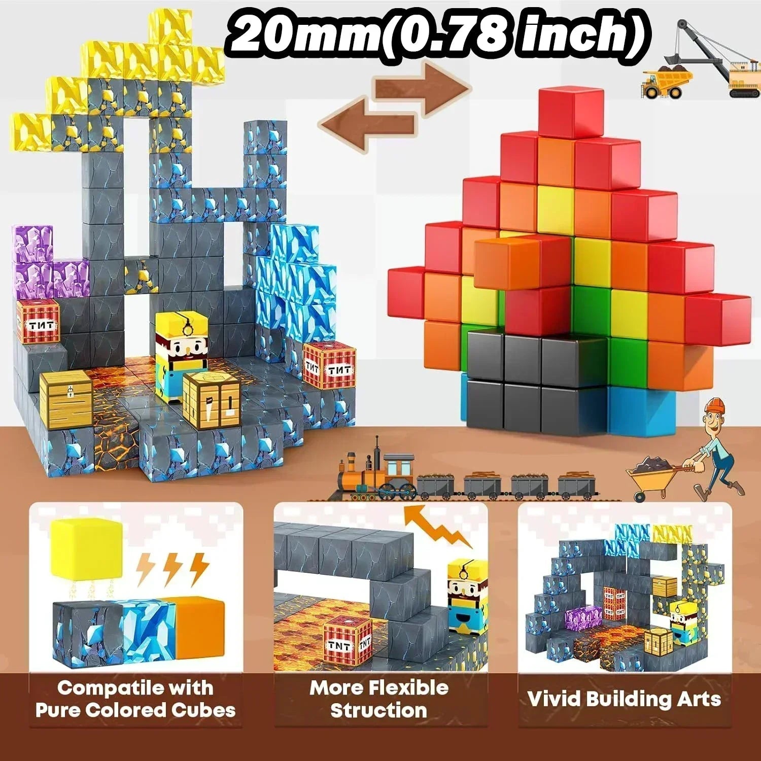 Magnetic Building Blocks Mine World Magnet Cube Set for Boy Girl Kid Age 3+ DIY Model Children Stem STEM Sensory Toy Gift Econic Blanks