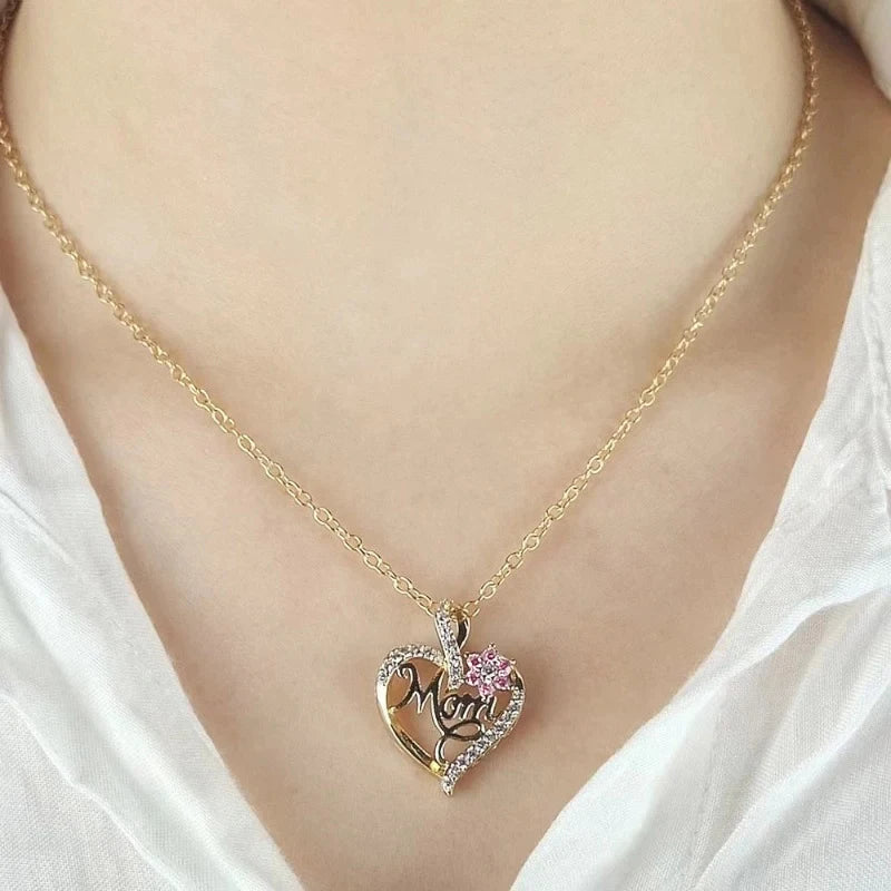 Huitan Mother's Day Necklace for Mom Luxury Trendy Craved Pendant Necklace Pink Flower Aesthetic Neck Accessories Love Jewelry Quick Pick Grocers