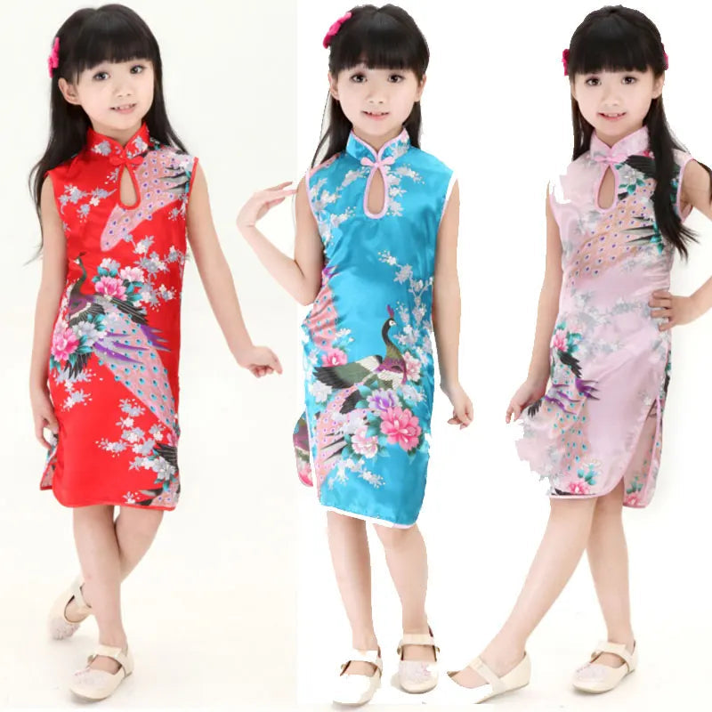 Cheongsam Dress Baby Girl Qipao Summer Clothes Peacock Sleeveless Slim Traditional Dress Child Girls Clothes Chinese Style Quick Pick Grocers