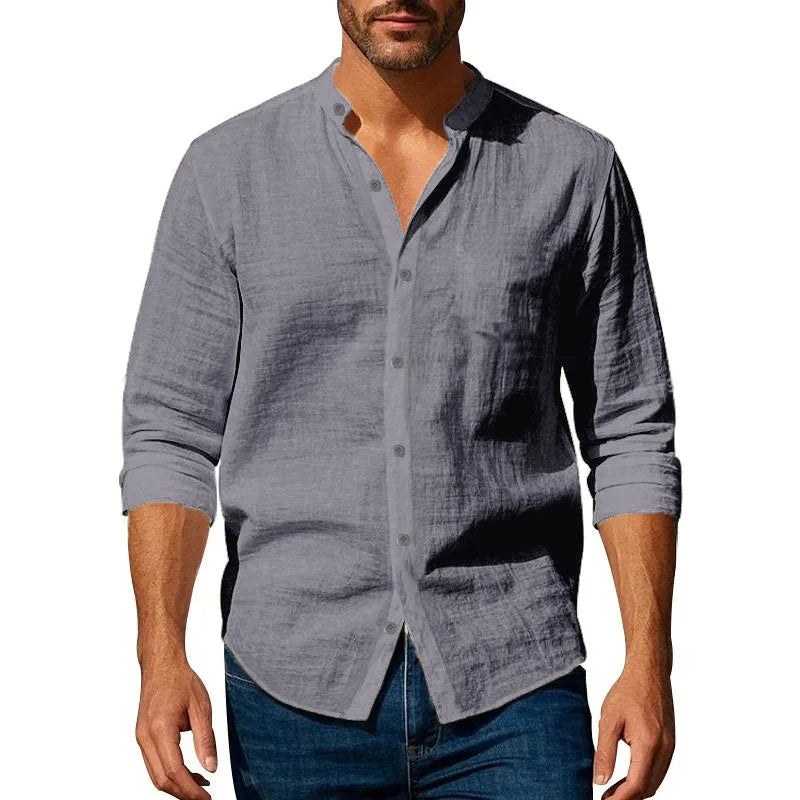 Cotton Linen Shirt for Men Henley Neck Solid Color Lightweight Breathable Slim Fit Single Breasted Shirt Long Sleeve Button Up Quick Pick Grocers