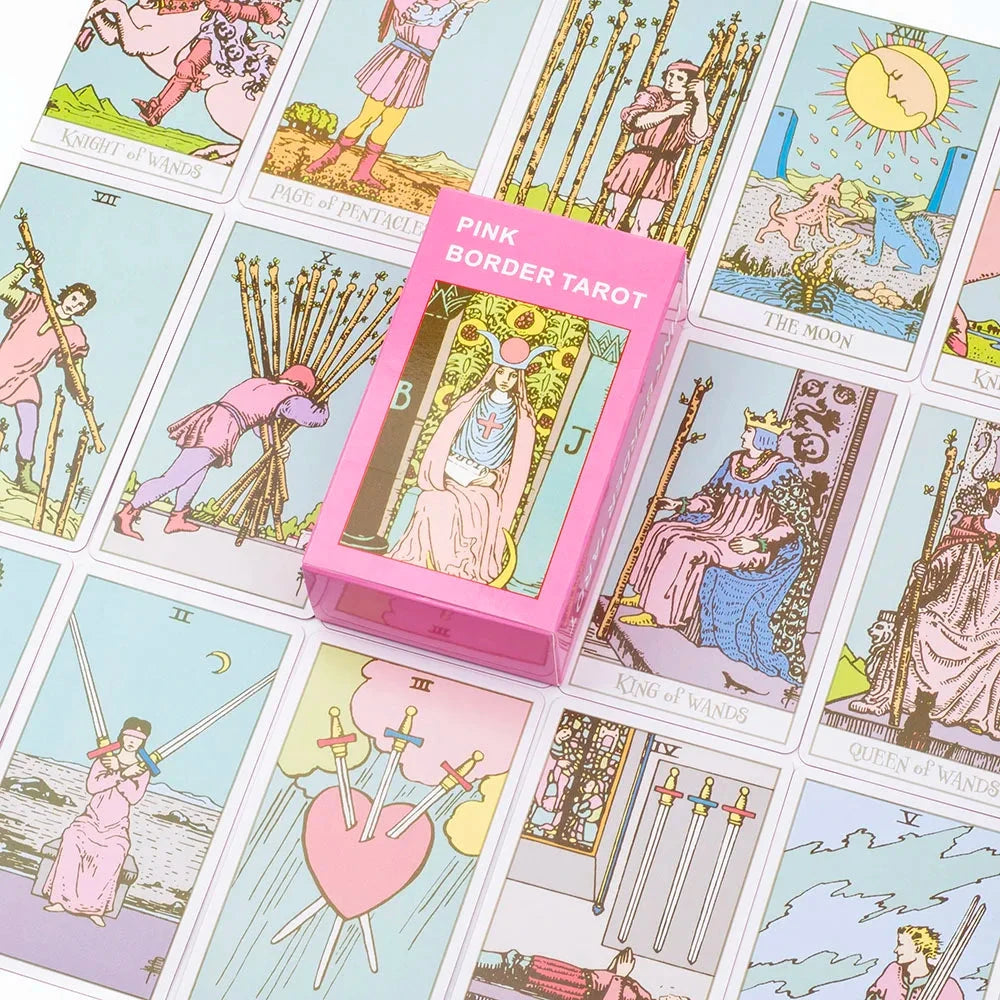 Pink Border Tarot Card Deck with Guidebook 78Pcs English Version Family Gathering Divination Deck Board Game Cards 10.3*6cm Econic Blanks