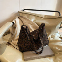 Trendy Casual Soft Textile Women's Shoulder Bag Large Capacity Leopard Print Female Retro Crossbody Bag For Commute Outings Quick Pick Grocers